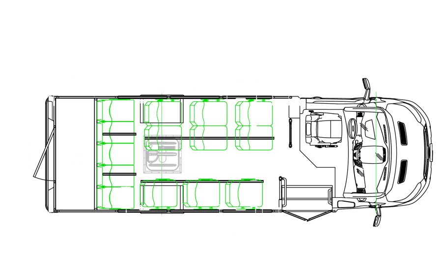 HLE-23 STRYKR seating layout — 14 Passenger + Rear Luggage