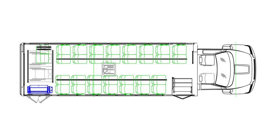 HLE-38 STRATOS seating layout — 32 Passenger + 2 Wheelchair